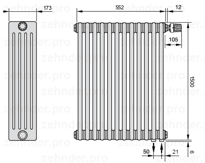 Схема (чертеж) Радиатор Zehnder Charleston 5150/12 №V002 Белый глянцевый RAL 9016
